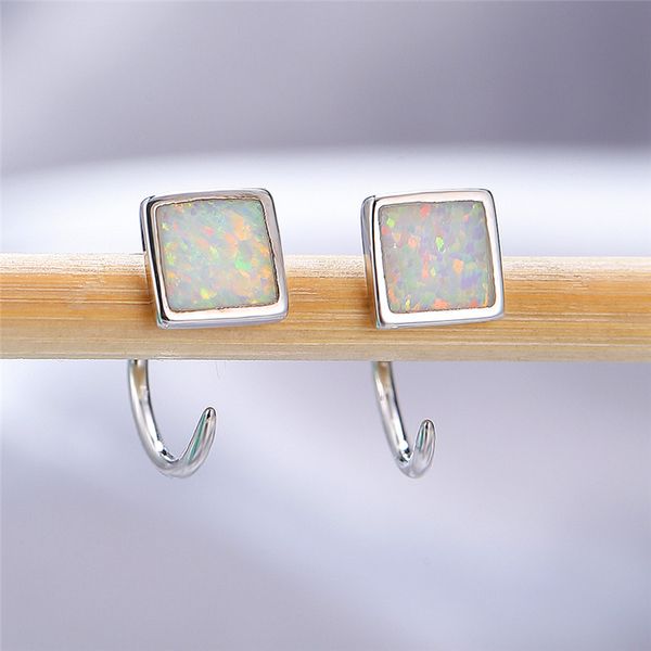 

simple female white opal stone earrings trendy silver color small hoop earrings classic bridal square wedding for women, Golden;silver
