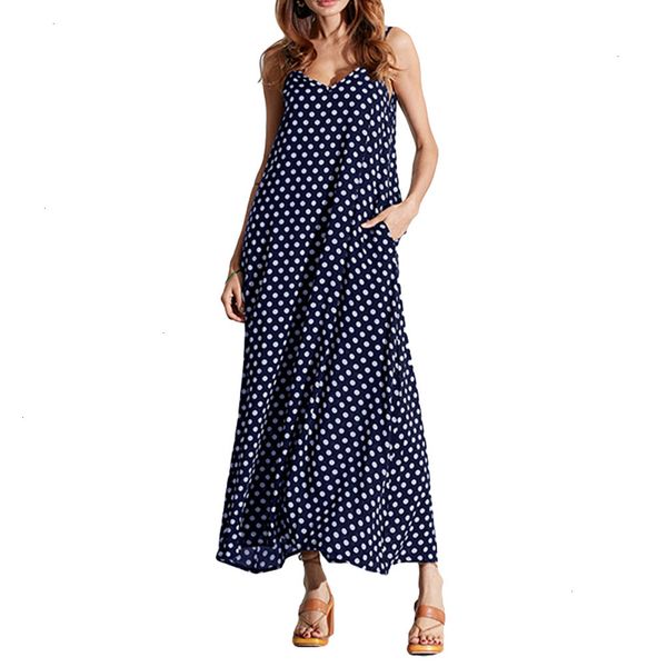 

summer dress women designer clothes dress summer women polka dot print v neck sleeveless sundress loose maxi beach bohemian vintage dress, Black;gray