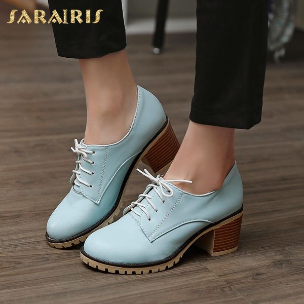 

sarairis plus size 34-43 fashion casual shoes pumps woman leisure square high heels lace up women's shoes woman, Black