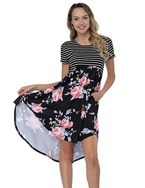 

danala striped floral print short sleeve high-low dress crew neck high waist t-shirt midi dress, Black;gray