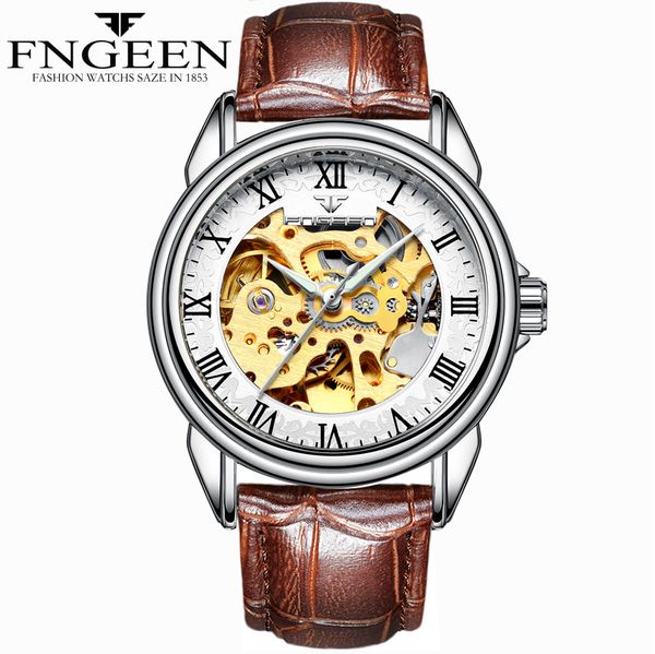 

fngeen clock men's watches mechanical watch men gold reloj hombre acero inoxidable impermeable, Slivery;brown