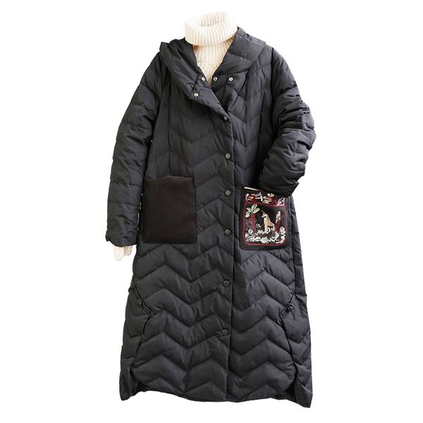

2018 winter new style women's dress origional retro national wind frog embroidered hooded white duck down mid-length down jacket, Black;white