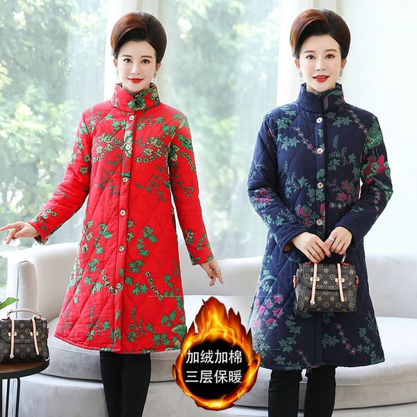 

2019 autumn and winter large size ethnic-style middle-aged women dress cotton linen padded plus velvet cotton-padded clothes mid, Blue;black