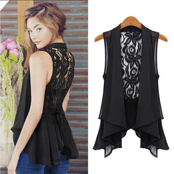 

women fashion slim chiffon cardigan vest long lace vest, Black;white