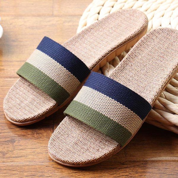 

summer home slippers men shoes linen flip flops striped couple slides antiskid indoor slippers flat home shoes zapatos de hombre, Blue;gray