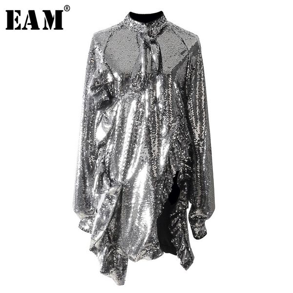 

eam] 2018 new autumn winter high collar long sleeve hem irregular sequins split joint dress women fashion tide jk820, Black;gray