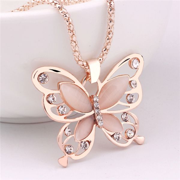 

korean 18k rose gold plated sweater chain pendant necklace lucky crystal butterfly long chain necklace animal pendant necklace jewelry, Silver