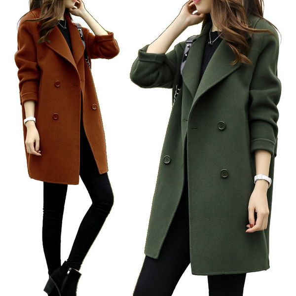 

autumn winter womens designer blends fashion solid color laple neck long coats casual double breasted slim womens coats, Black