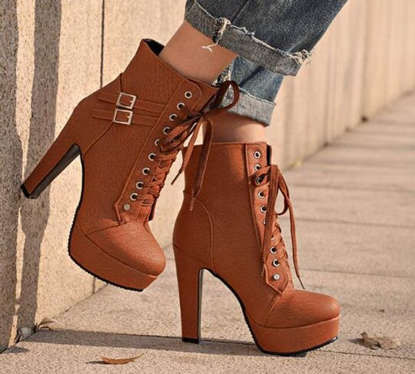 

plus size ankle boots for women platform high heels female lace up shoes woman buckle short boot casual ladies footwear, Black