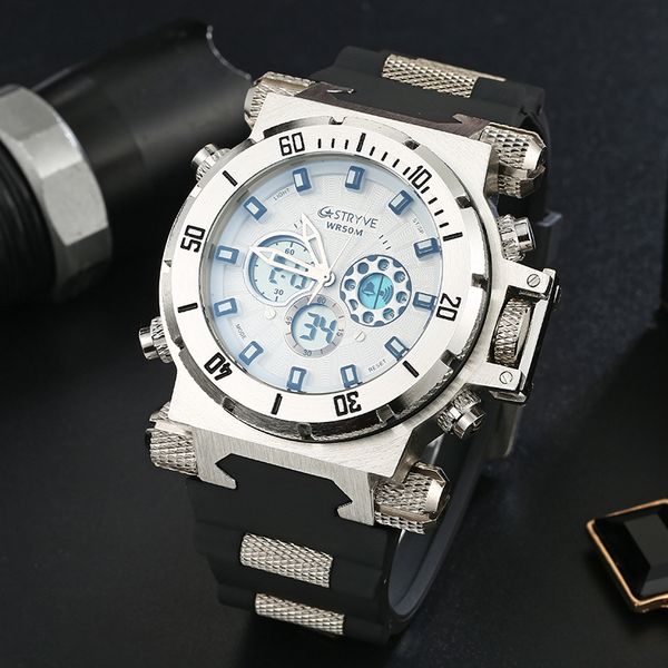 

stryve brand fashion multi-functional waterproof sports watch double-core large dial outdoor digital men wristwatch s8015, Slivery;brown