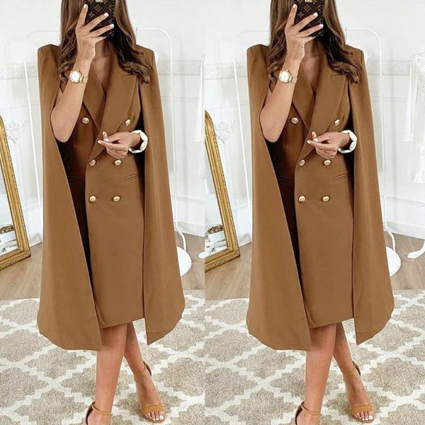 

women elegant bodycon double breasted cape blazer cloak dress trench duster coat longline blazer cape coat, Tan;black