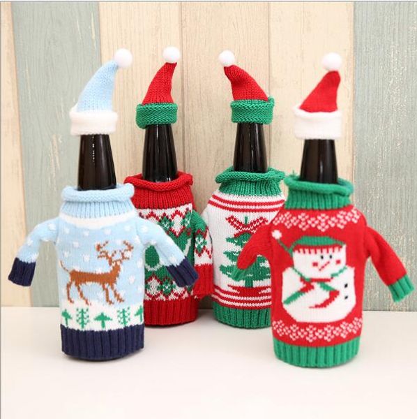 

2pcs/set cute wine bottle sweater cover bag santa claus knitting hats for new year xmas home dinner party christmas decorations