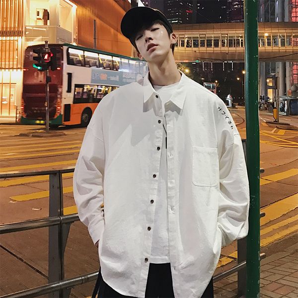 

2019 spring men's letter embroidery black/khaki coats color long sleeve brand fashion trend male white shirts plus size -2xl, White;black