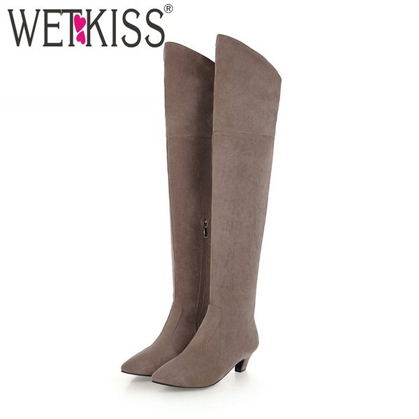 

wetkiss plus size 34-48 thick heesl boots pointed toe footwear flock over the knee female boot stretch shoes woman 2018 winter, Black