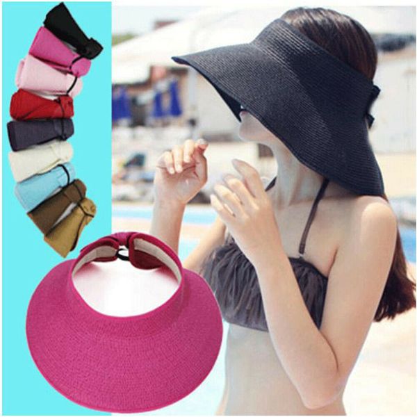 

women lady adjustable wide brim visor cap summer beach straw clip on sun hat tennis golf black white blue pink red, Blue;gray