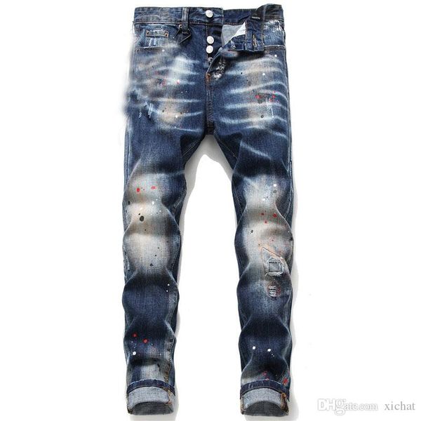 

уникальные мужские проблемные ripped синий узкие джинсы модельер slim fit омывается motocycle джинсовые брюки хип-хоп панелями байкер брюки, Blue