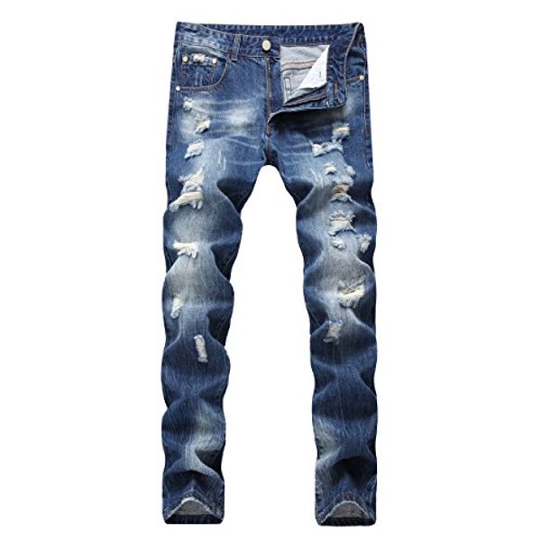 

david.ann men's straight fit distressed ripped denim jeans, Blue