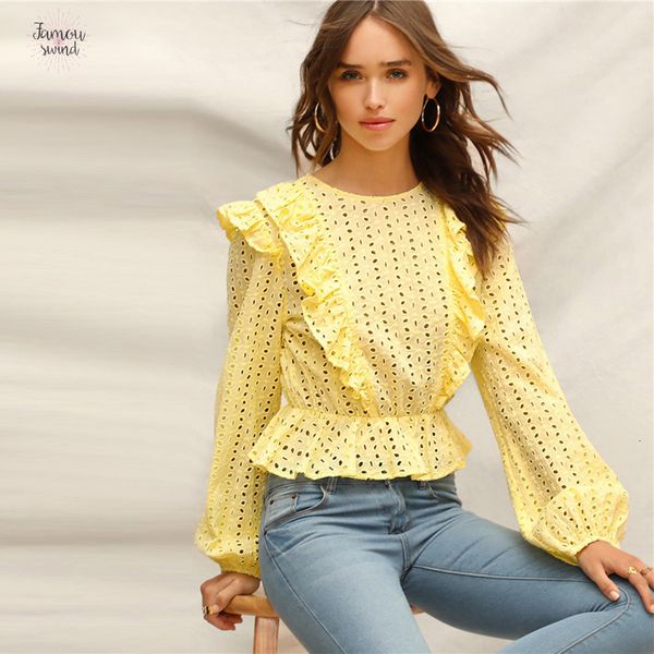 

yellow ruffle blouse detail embroidered peplum bishop sleeve women spring eyelet elegant boho solid lace blouses, White