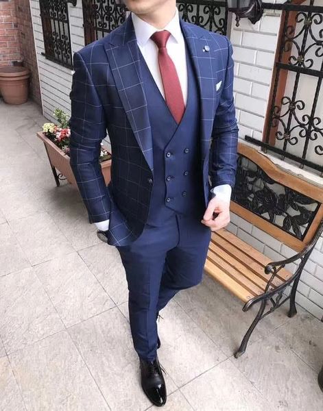 

2019 new slim fit men suit for wedding business black blue color traje de hombre de vestir 3 piece, lattice jacket pant vest, White;black