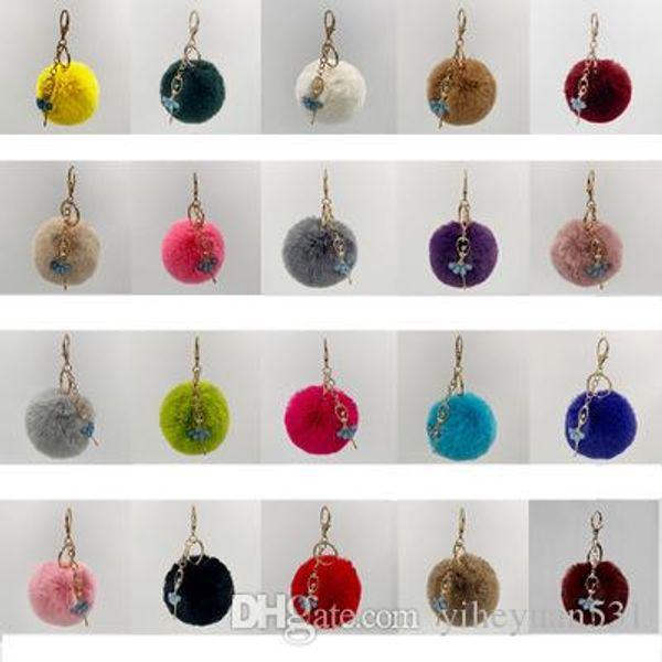 

8cm rabbit fur ball keychain with butterfly girl soft fur ball lovely gold metal key chains ball pom poms plush keychain car keyring, Slivery;golden