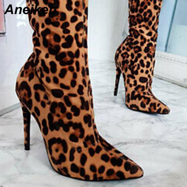 

aneikeh 2019 summer rome flock women's boots leopard fashion mid-calf pointed toe zip thin heel dress office shallow size 35-40, Black