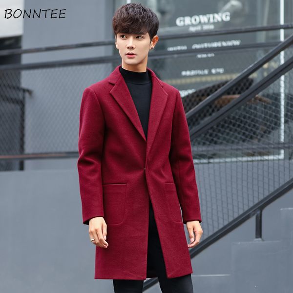 

wool men solid simple all match males slim fit comfortable mens long sleeve casual new trendy ulzzang overcoat chic, Black