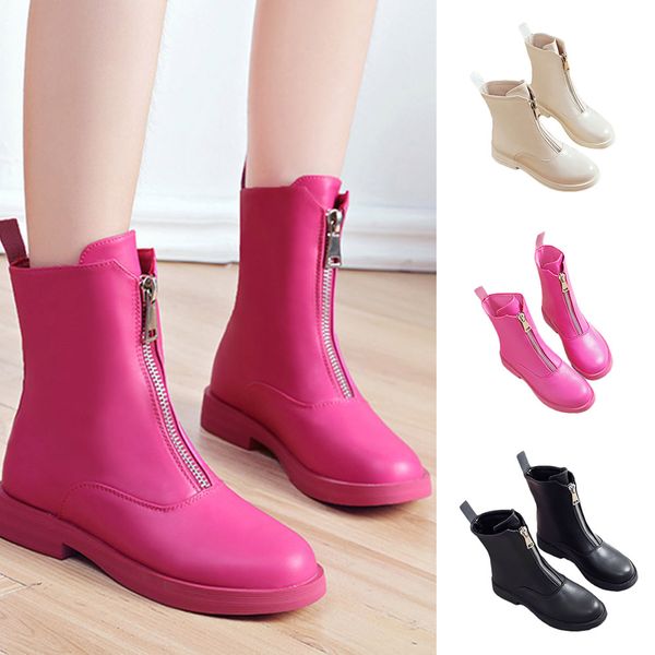 

spring winter boots brand design mid calf boots rain pu leather shoes woman solid rubber waterproof woman, Black