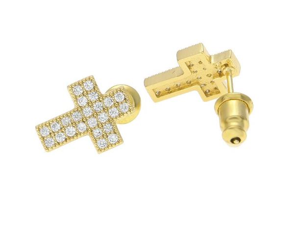 

new fashion trend in europe and america personality hip hop cross micro-inlaid high-quality zircon copper earnail men's earrings, Golden;silver