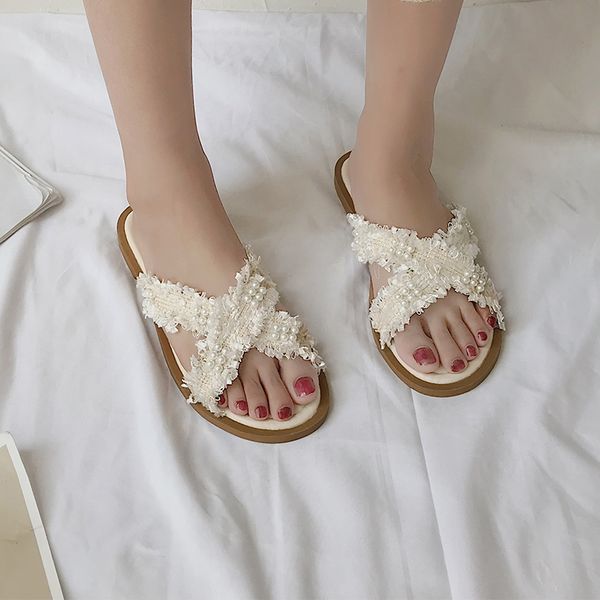 

basic summer women slippers flat heels crystal decor shoes female 2019 new fashion outside beach slides women, Black