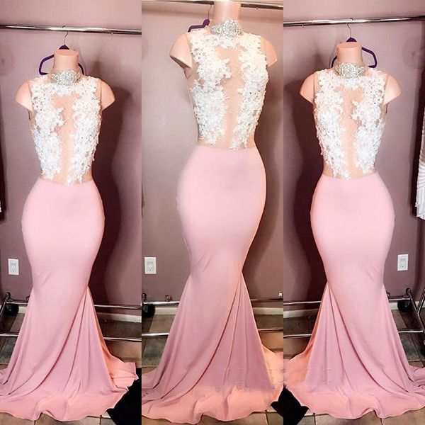 

Elegant High-Neck Sleeveless Pink Prom Dresses Mermaid 2019 Lace Evening Gowns Illusion Formal Party Dresses Custom Made