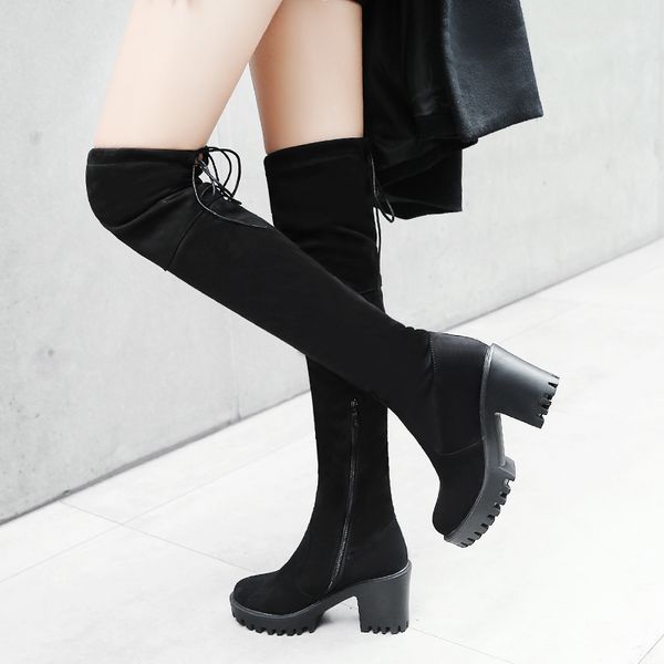 

2020 new flock leather women over the knee boots lace up high heels autumn woman shoes winter women boots size 33-43, Black