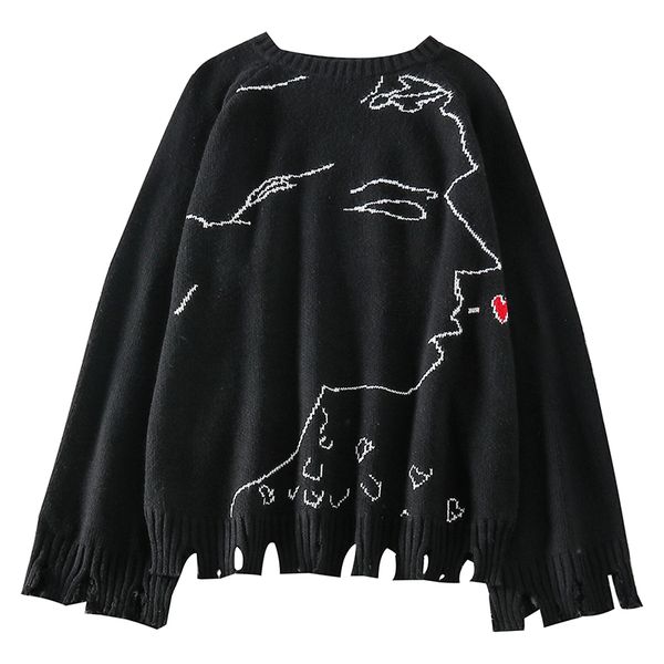 

winter spring korean style jumper ripped sweater long pullover sueter mujer harajuku vintage character printed knitted sweaters, White;black