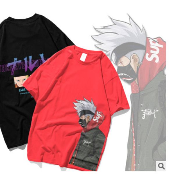 

ete japanese fashion brand men's t-shirt summer new fire movie kakashi street ins fashion print couple short sleeves, White;black