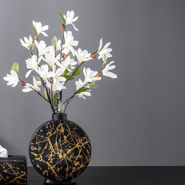 Nordic Ceramic Vase Marble Texture Black Gold Pattern Round Vases