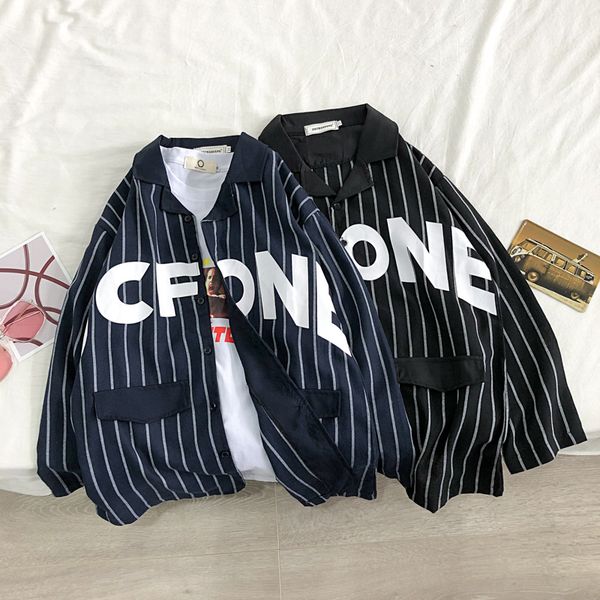 

dress shirt men's fashion letter printing business casual striped shirt men streetwear wild loose long sleeve shirts mens -2xl, White;black