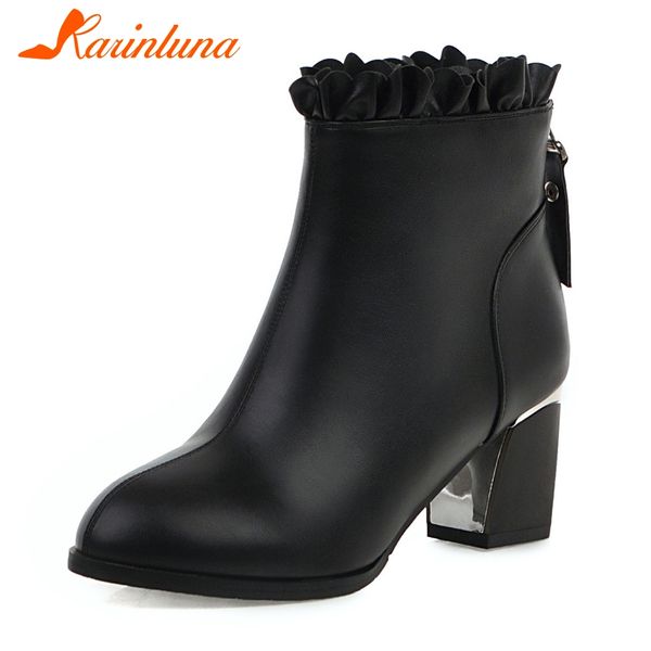

karin brand new big size 32-45 ladies high heels zip ruffles shoes woman casual party office autumn spring ankle boots, Black