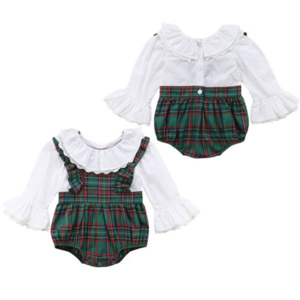 

newborn baby girl plaid long sleeve lace bell sleeve romper plaid jumpsuit outfit clothes