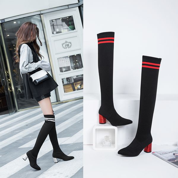 

2019 autumn and winter women's shoes new fashion wild knee stretch cloth was thin women's boots thick with high heels, Black
