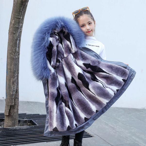 

2020 winter new children boys winter jacket girls down cotton parka coats imitation fur removable hood warm jackets coats, Blue;gray