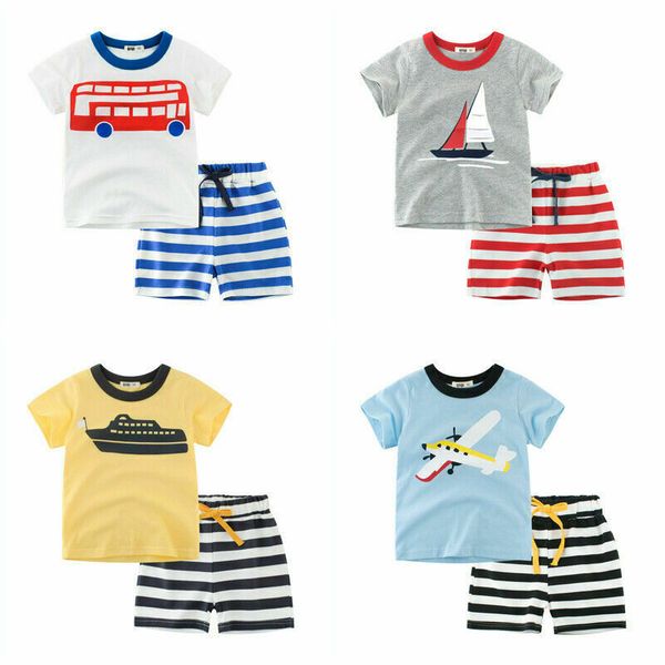 

2pcs kids boys summer outfit set short sleeve cartoon car t-shirt striped elastic shorts set sport toddler cotton suit 1-10y, Black;blue