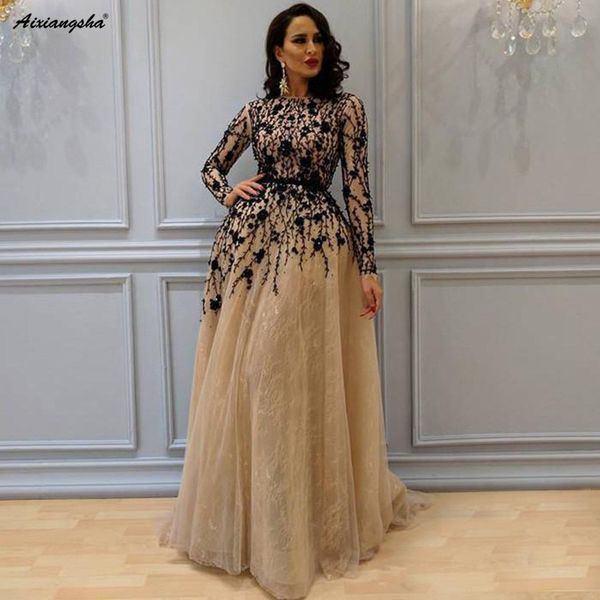 

2019 elegant long sleeves lace a line evening dresses black lace flowers tulle a line formal prom dress evening gowns for women, White;black