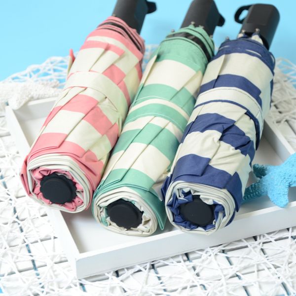 

women's portable folding umbrella rain women stripe print anti uv three folding umbrellas ladies parasol wind resistant