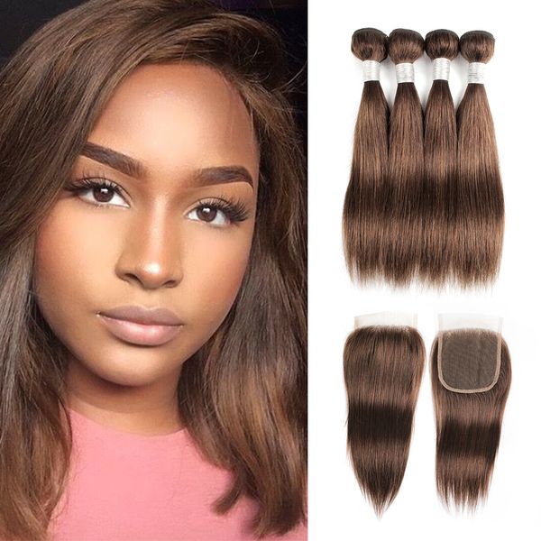 

#4 chocolate brown human hair bundles with closure 50g/bundle peruvian straight remy human hair extensions 4 bundles with lace closure, Black;brown