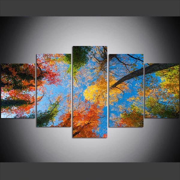 

5 piece large size canvas wall art pictures creative forest, blue sky, colorful leaves art print oil painting for living room painting