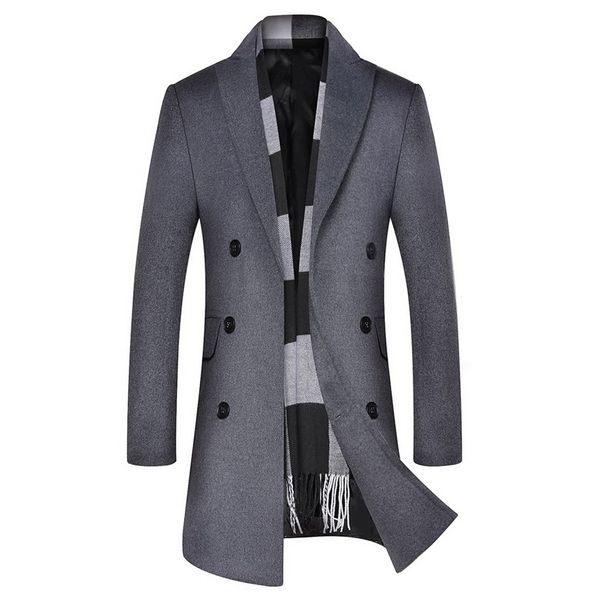 

2019 new men fashion turn-down collar wool blend double breasted pea coat jacket men brand overcoats autumn long wool coat, Black
