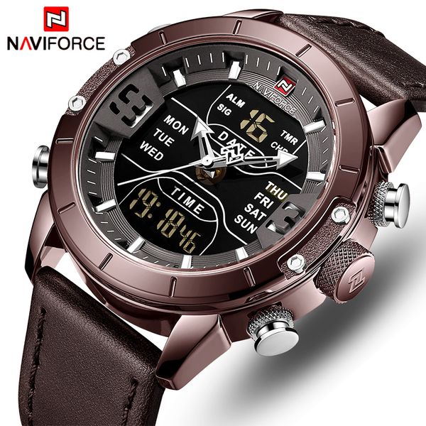 

wristwatches men watch naviforce leather waterproof quartz mens watches analog digital wristwatch man relogio masculino, Slivery;brown