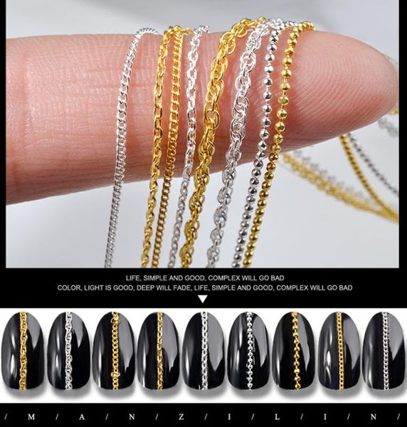 

elecool 1pc fashion 3d gold silver nail metal 9 styles steel ball chain punk style uv gel polish diy nail art decoration, Silver;gold
