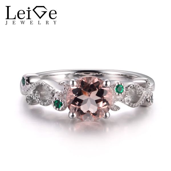 

leige jewelry round shape natural morganite rings anniversary rings pink gems genuine 925 sterling silver wedding gifts for her, Golden;silver