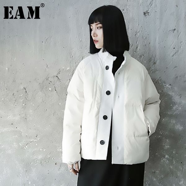 

eam] 2019 new spring winter stand collar long sleeve white split joint loose warm down jacket women coat fashion tide jl295, Black