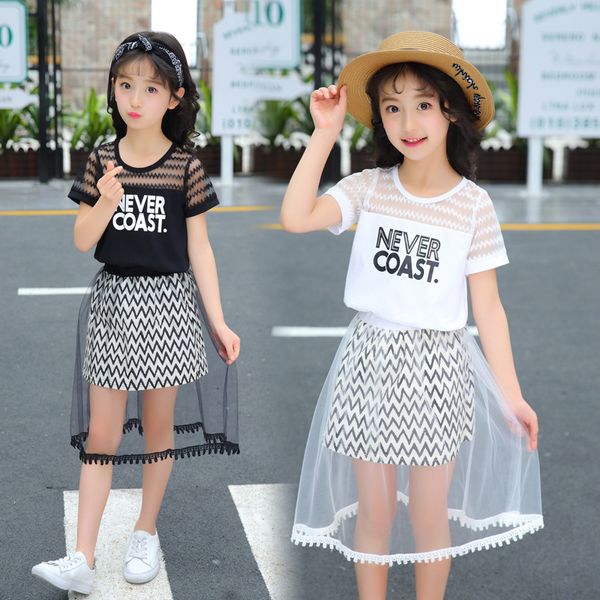 

retail girls boutique outfits summer fashion letter hollow tshirt+ruffle tulle skirt 2pcs sets 3-13y clothing set suit kids designer clothes, White